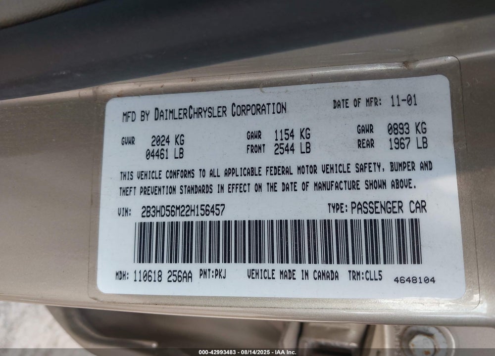 2002 DODGE INTREPID ES VIN: 2B3HD56M22H156457