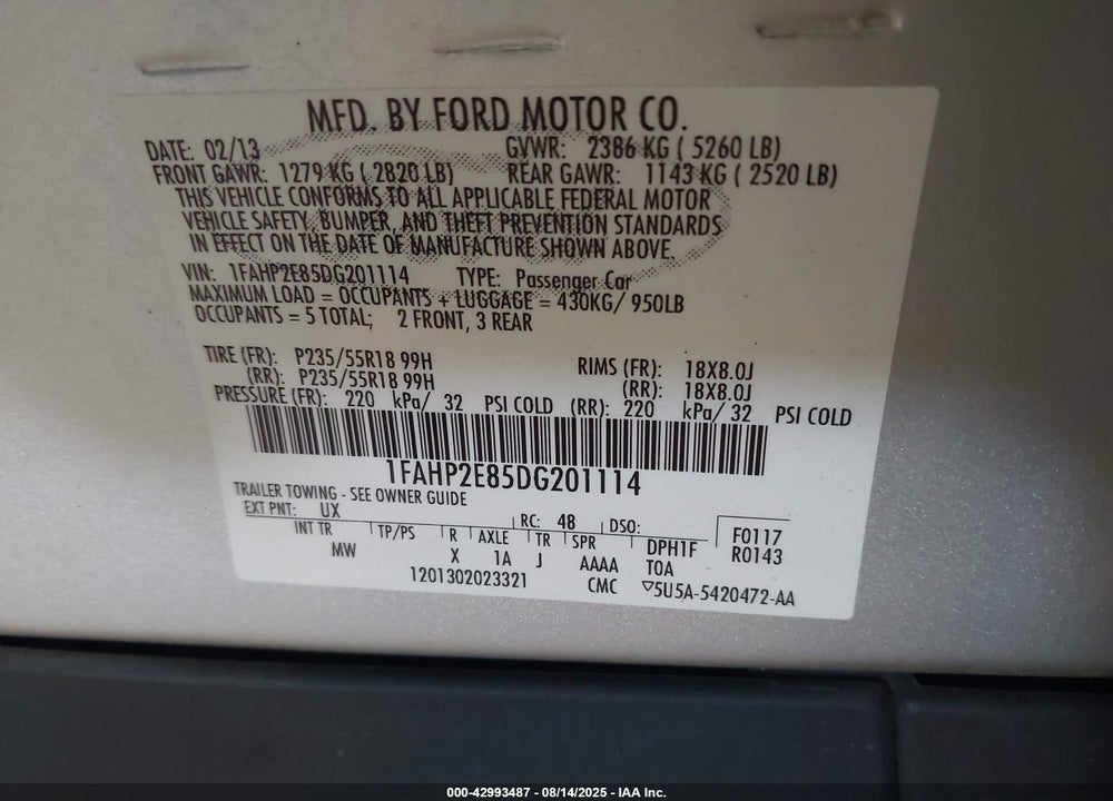 2013 FORD TAURUS VIN: 1FAHP2E85DG201114