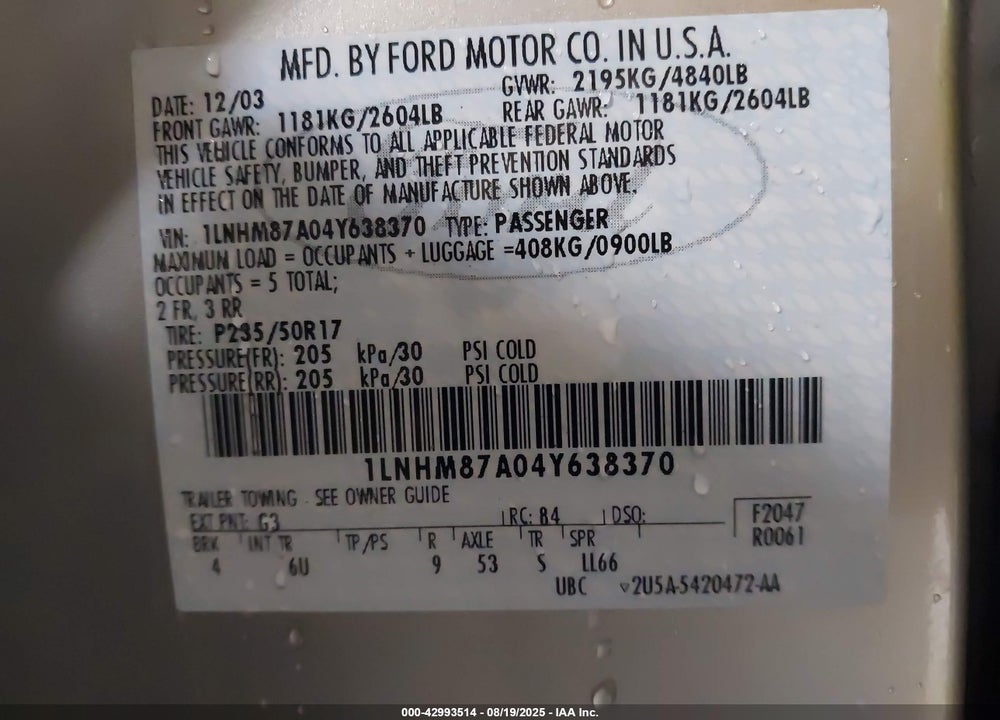 2004 LINCOLN LS V8 VIN: 1LNHM87A04Y638370
