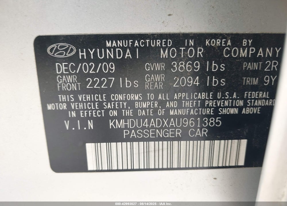 2010 HYUNDAI ELANTRA VIN: KMHDU4ADXAU961385