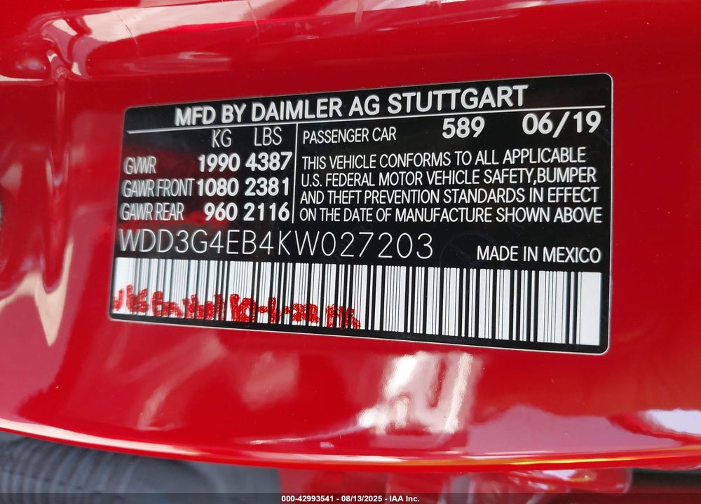 2019 MERCEDES-BENZ A-CLASS VIN: WDD3G4EB4KW027203
