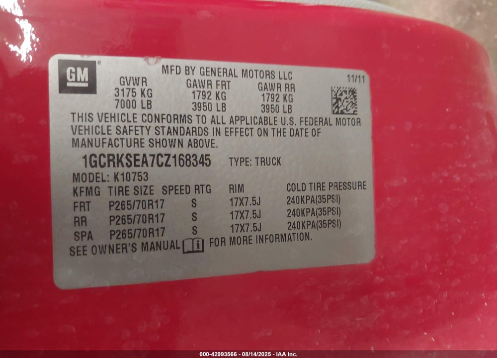 2012 CHEVROLET SILVERADO 1500 VIN: 1GCRKSEA7CZ168345