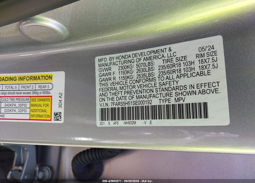 2025 HONDA CR-V HYBRID SPORT VIN: 7FARS5H51SE000192