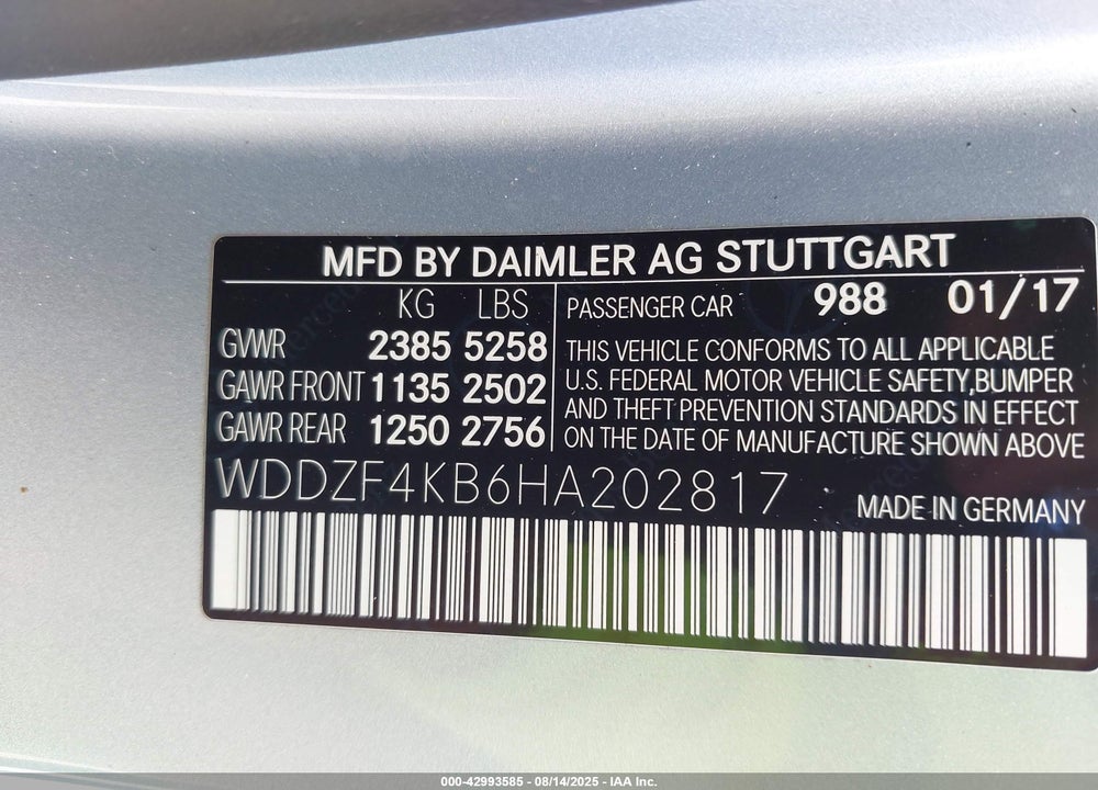 2017 MERCEDES-BENZ E-CLASS VIN: WDDZF4KB6HA202817
