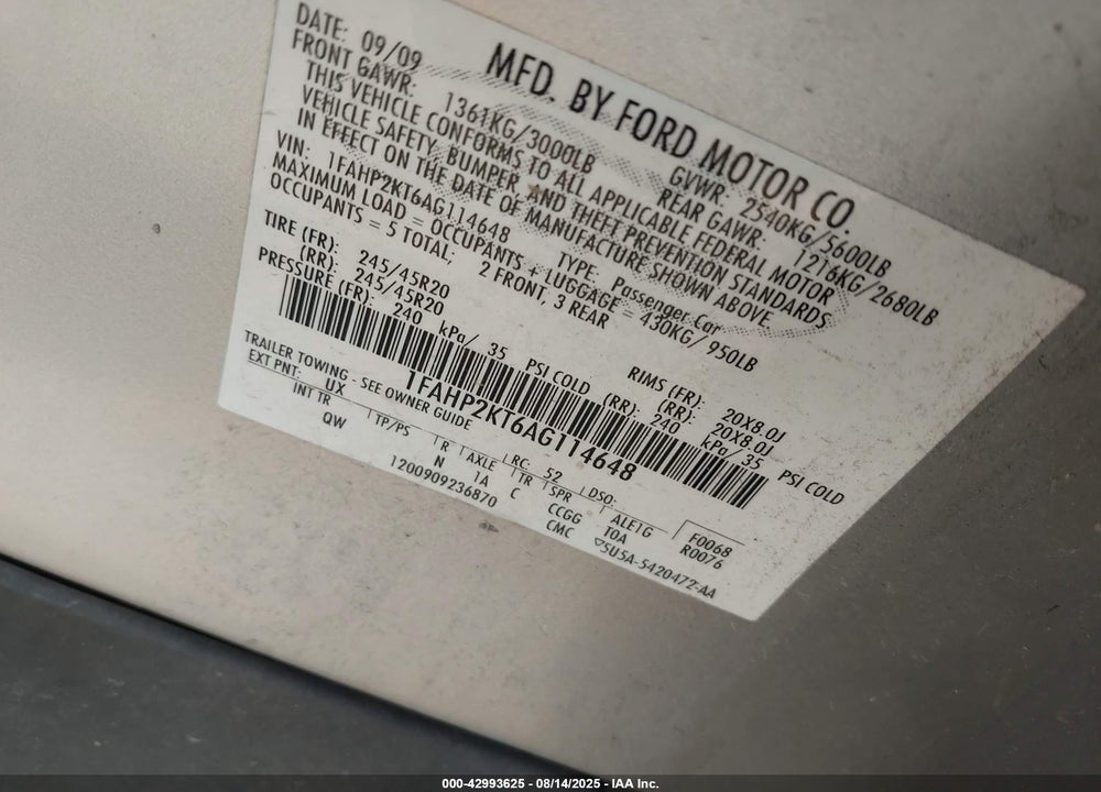 2010 FORD TAURUS SHO VIN: 1FAHP2KT6AG114648