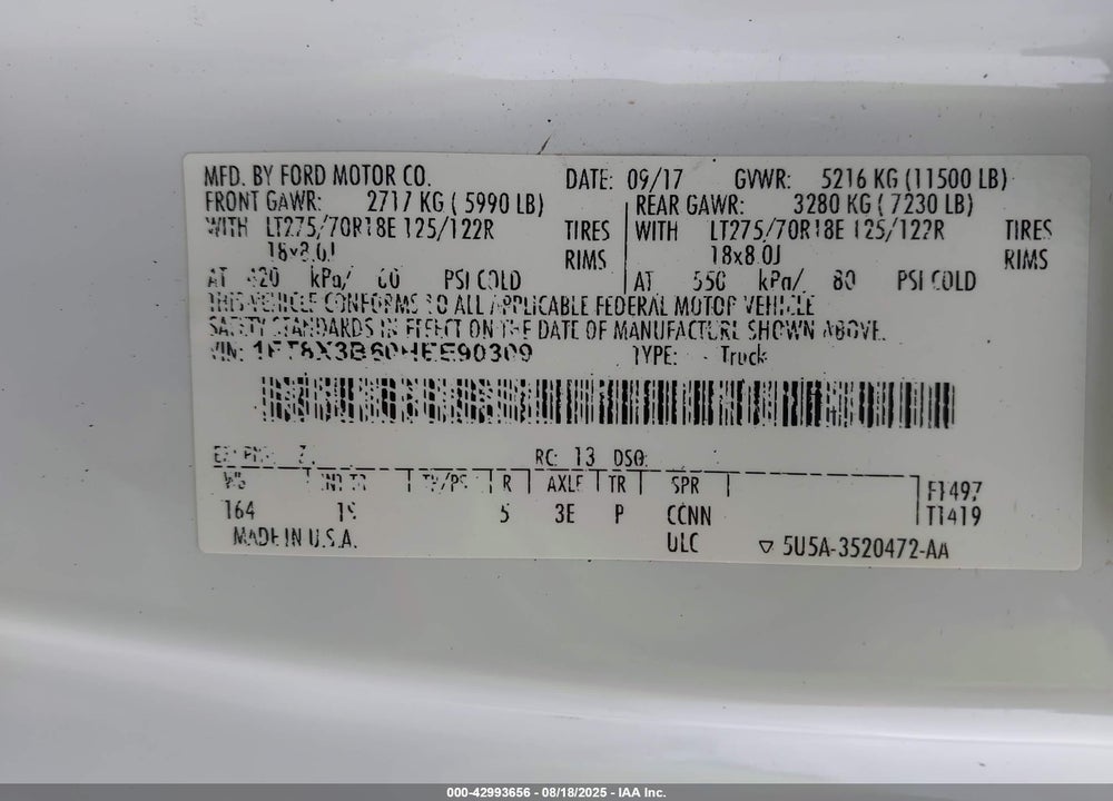2017 FORD F-350 XL VIN: 1FT8X3B60HEE90309