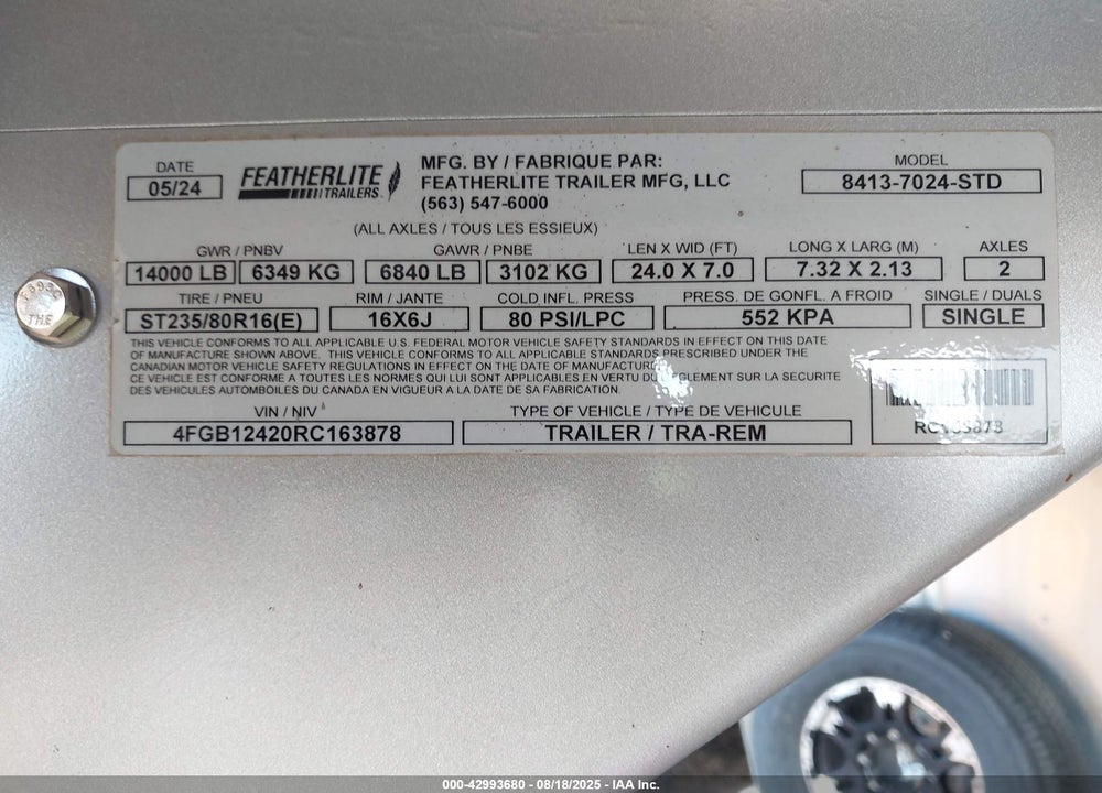 2024 FEATHERLITE HORSE TRAILER VIN: 4FGB12420RC163878