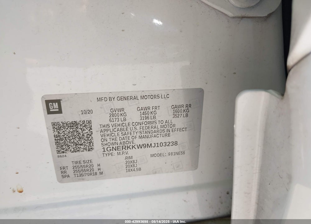 2021 CHEVROLET TRAVERSE VIN: 1GNERKKW9MJ103238