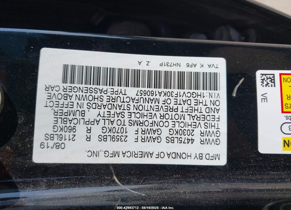 2019 HONDA ACCORD SPORT VIN: 1HGCV1F30KA160657