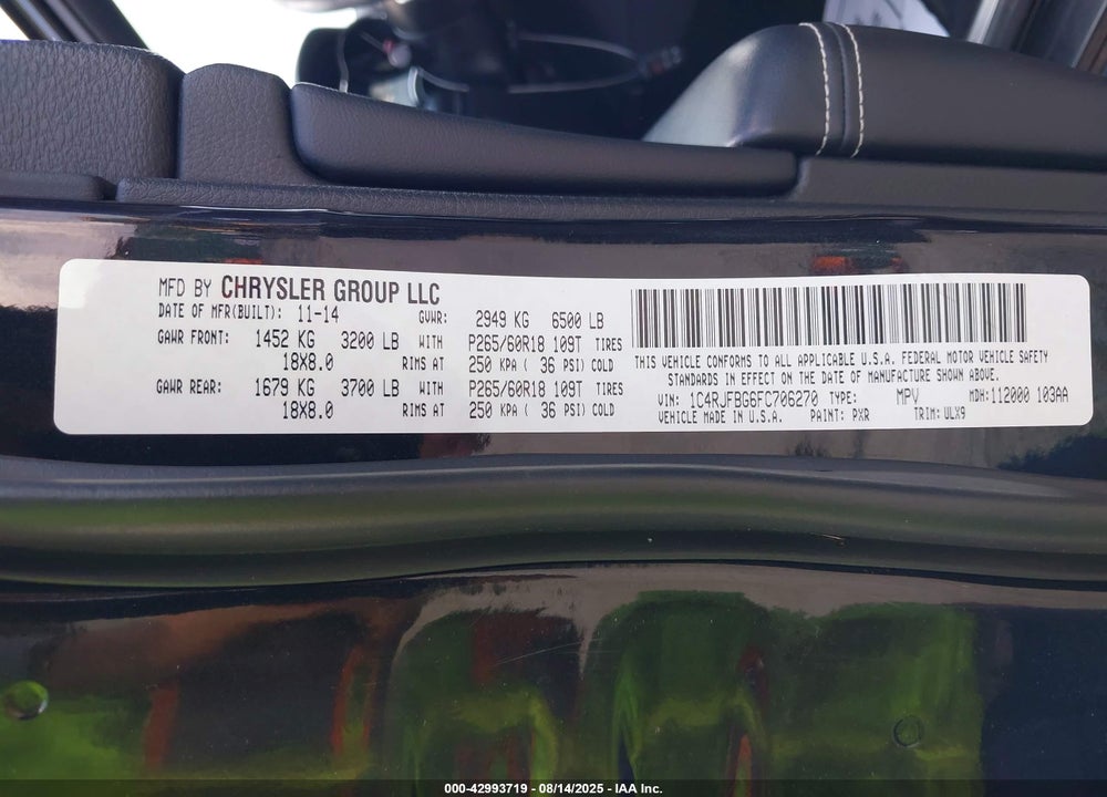 2015 JEEP GRAND CHEROKEE VIN: 1C4RJFBG6FC706270