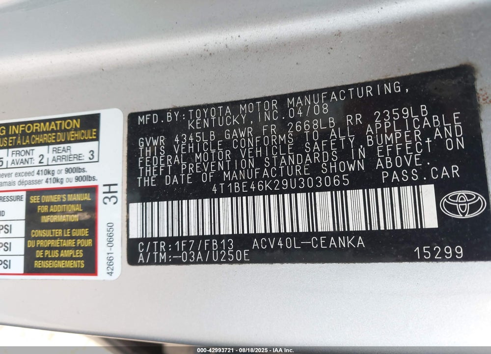 2009 TOYOTA CAMRY VIN: 4T1BE46K29U303065