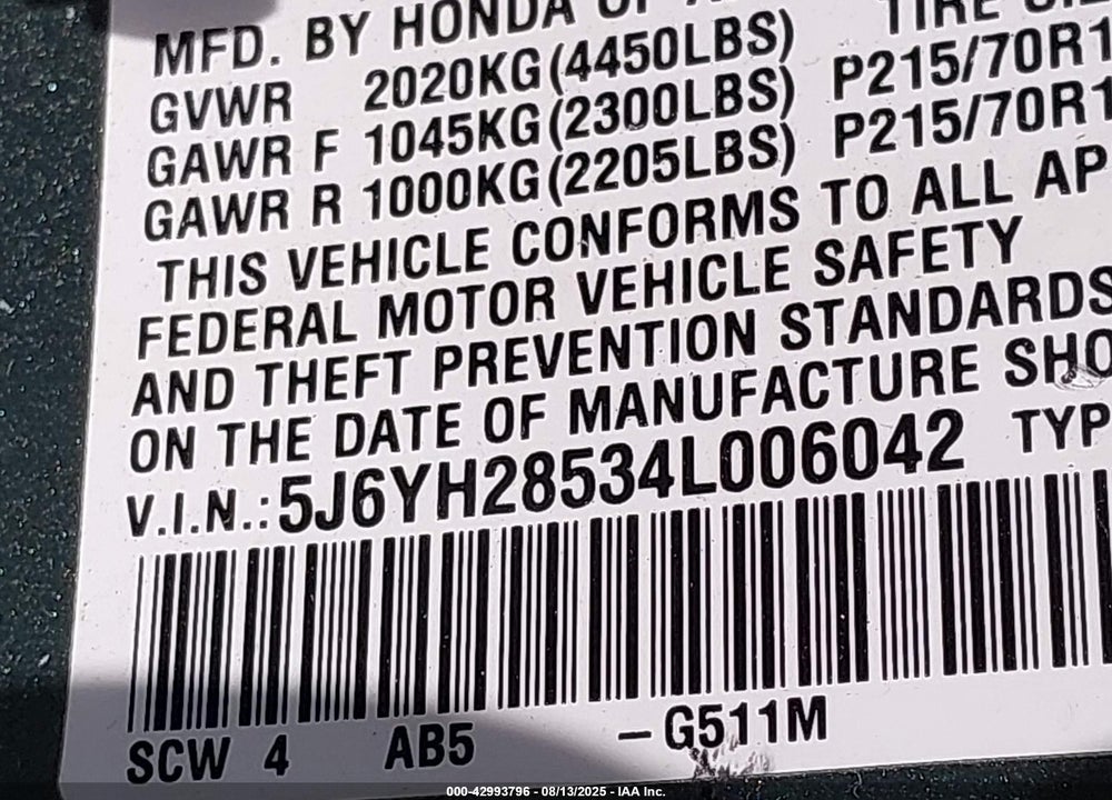 2004 HONDA ELEMENT EX VIN: 5J6YH28534L006042