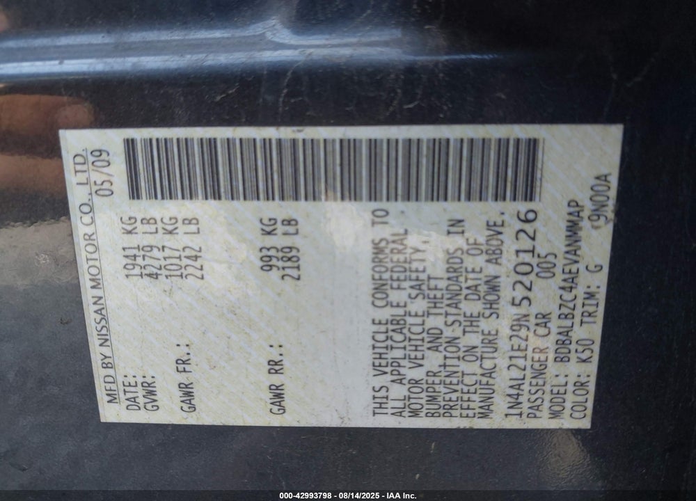 2009 NISSAN ALTIMA 2.5 S VIN: 1N4AL21E29N520126