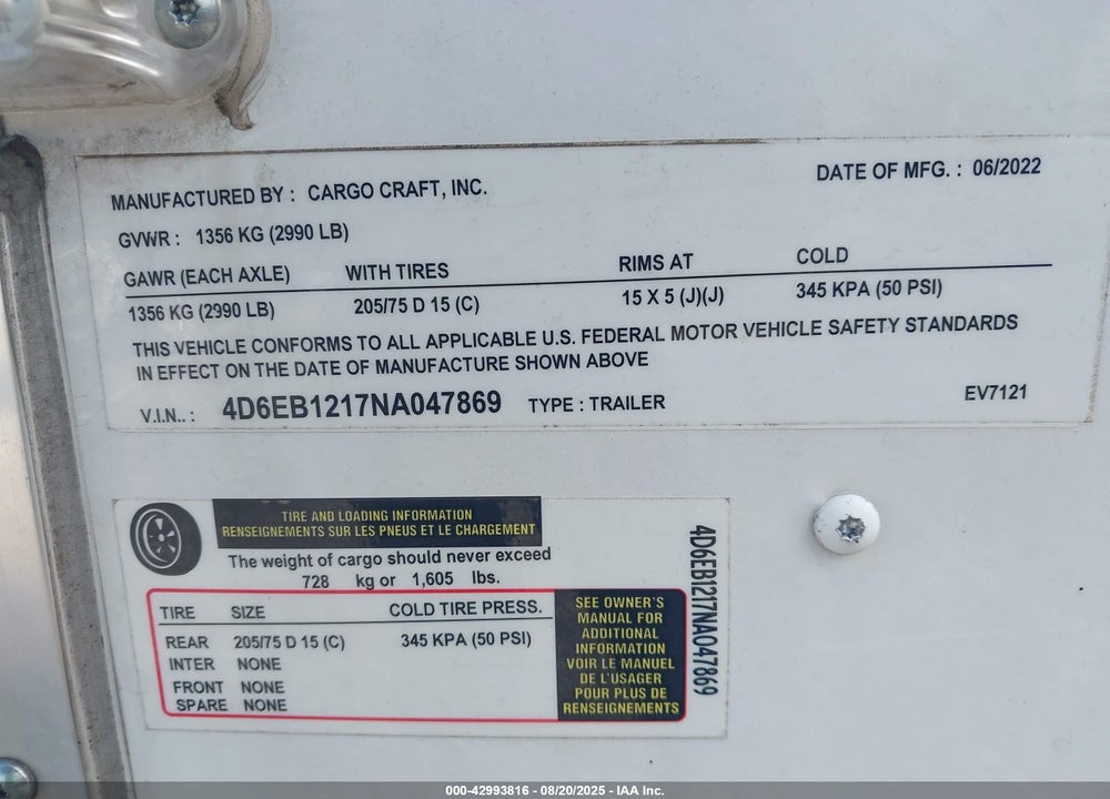 2022 CARG 12FT ENCLOSED VIN: 4D6EB1217NA047869