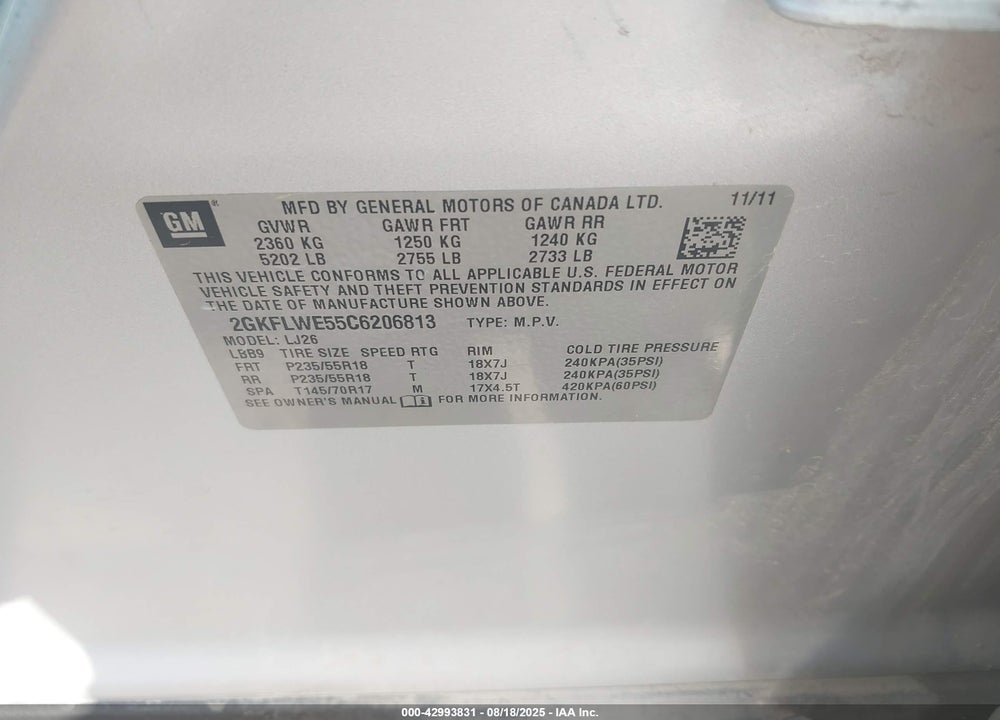 2012 GMC TERRAIN VIN: 2GKFLWE55C6206813