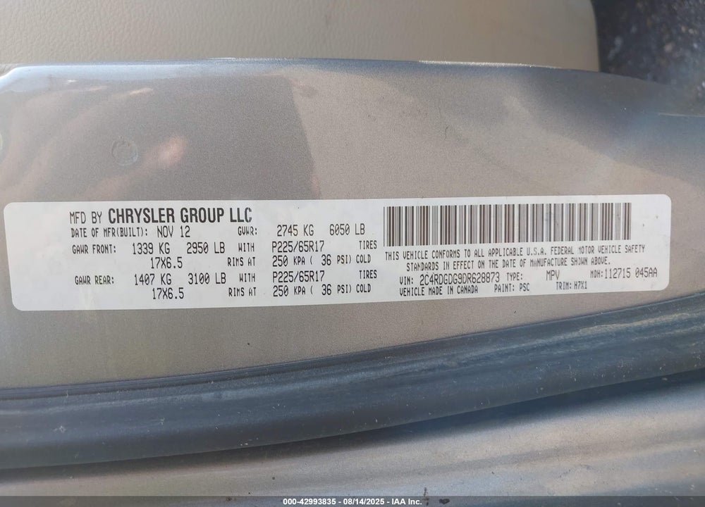 2013 DODGE GRAND CARAVAN CREW VIN: 2C4RDGDG9DR628873