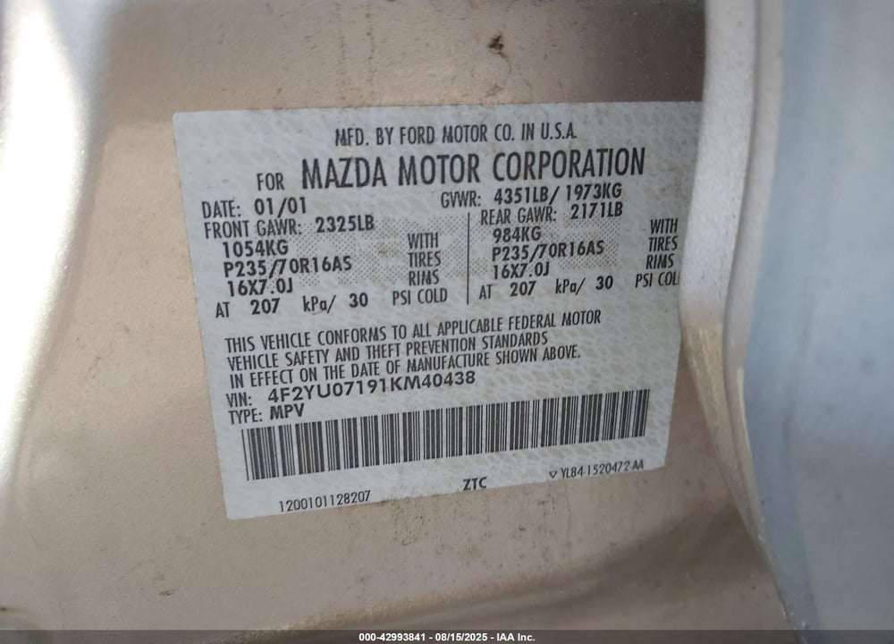 2001 MAZDA TRIBUTE DX V6 VIN: 4F2YU07191KM40438