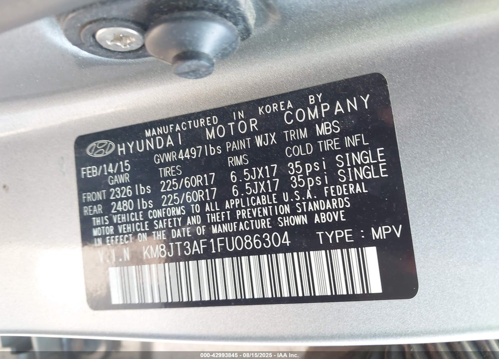 2015 HYUNDAI TUCSON GLS VIN: KM8JT3AF1FU086304