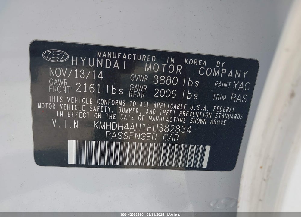 2015 HYUNDAI ELANTRA VIN: KMHDH4AH1FU382834