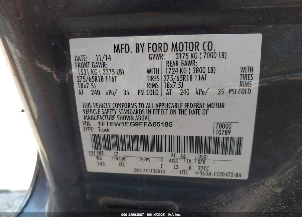 2015 FORD F-150 XLT VIN: 1FTEW1EG9FFA05185