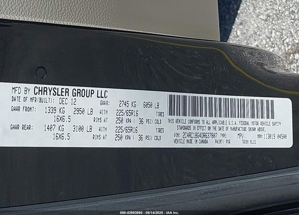 2013 CHRYSLER TOWN & COUNTRY TOURING VIN: 2C4RC1BG4DR637807