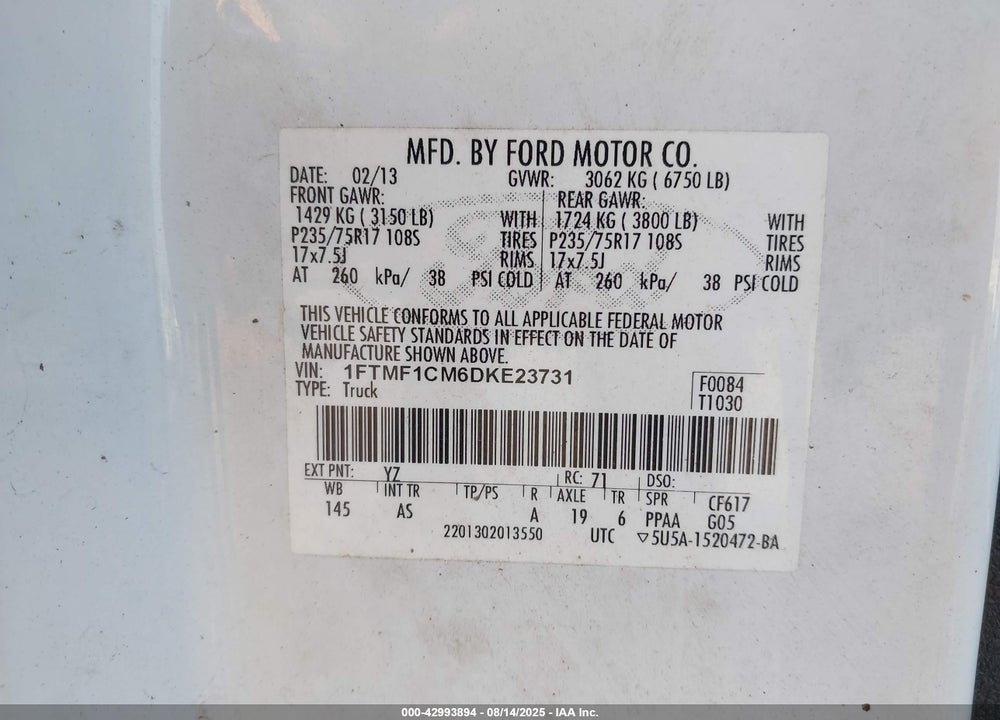 2013 FORD F-150 VIN: 1FTMF1CM6DKE23731