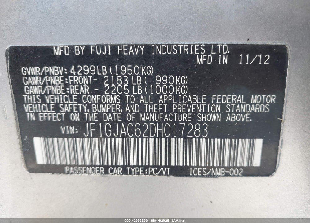 2013 SUBARU IMPREZA VIN: JF1GJAC62DH017283