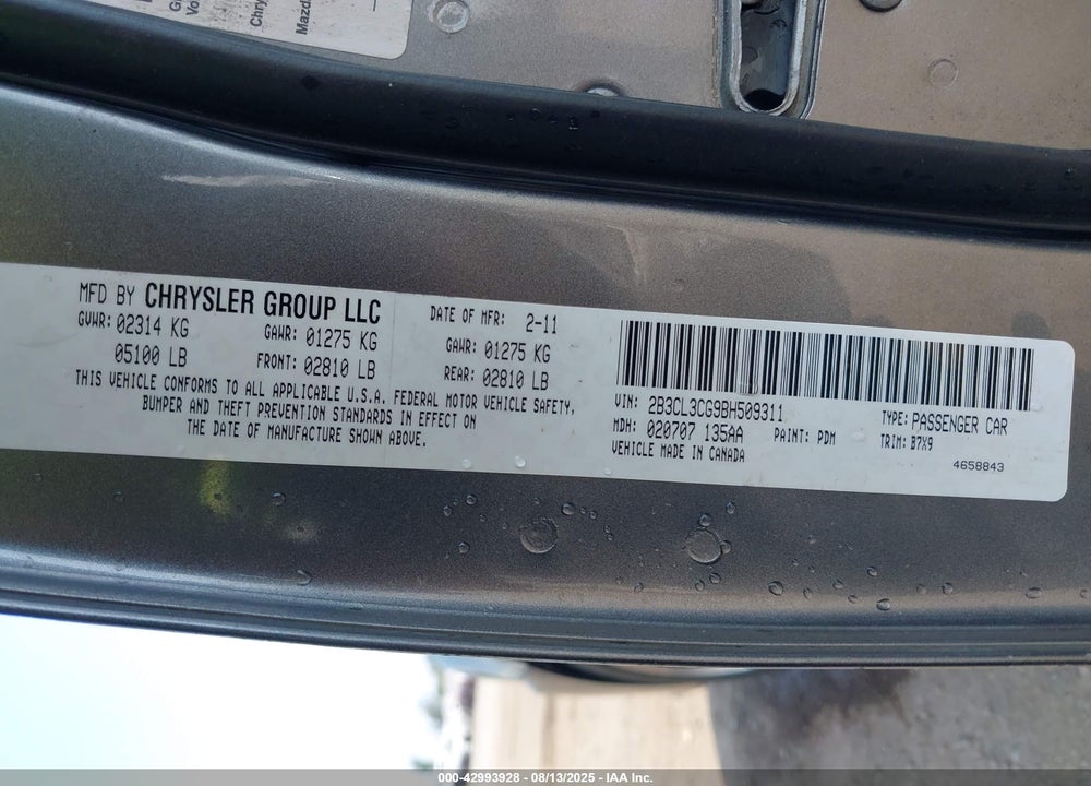 2011 DODGE CHARGER VIN: 2B3CL3CG9BH509311