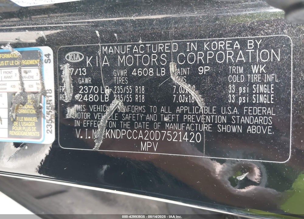2013 KIA SPORTAGE EX VIN: KNDPCCA20D7521420