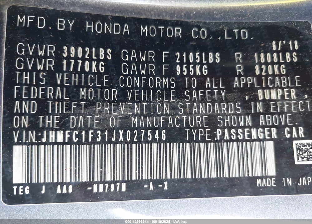 2018 HONDA CIVIC EX-T VIN: JHMFC1F31JX027546