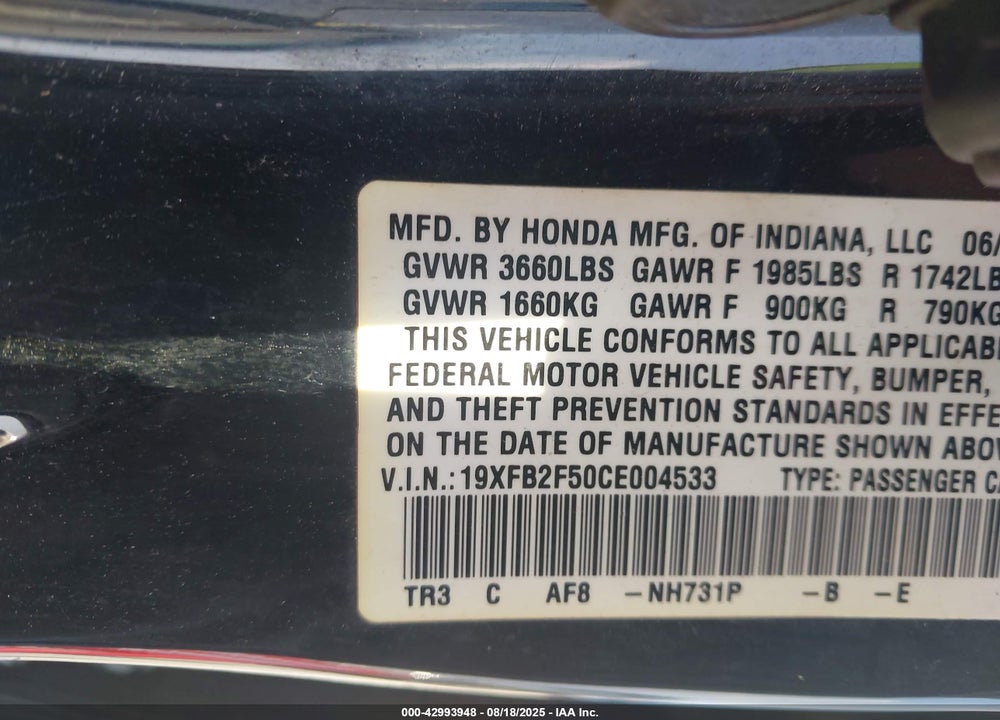 2012 HONDA CIVIC VIN: 19XFB2F50CE004533