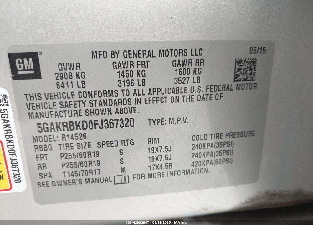 2015 BUICK ENCLAVE VIN: 5GAKRBKD0FJ367320
