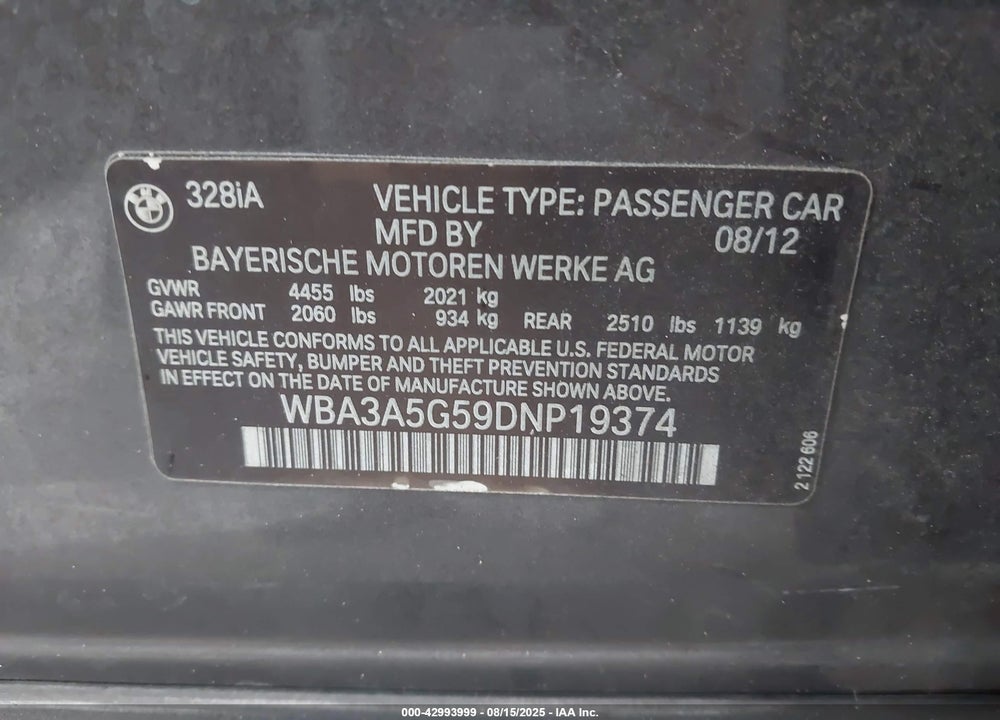 2013 BMW 328I VIN: WBA3A5G59DNP19374
