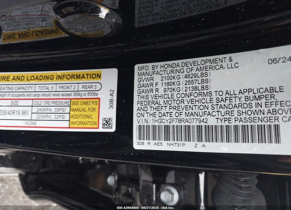 2024 HONDA ACCORD VIN: 1HGCY2F78RA077942