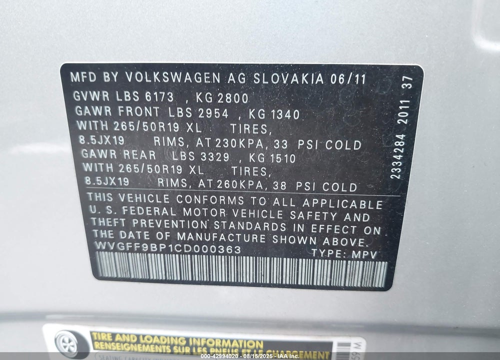 2012 VOLKSWAGEN TOUAREG VIN: WVGFF9BP1CD000363