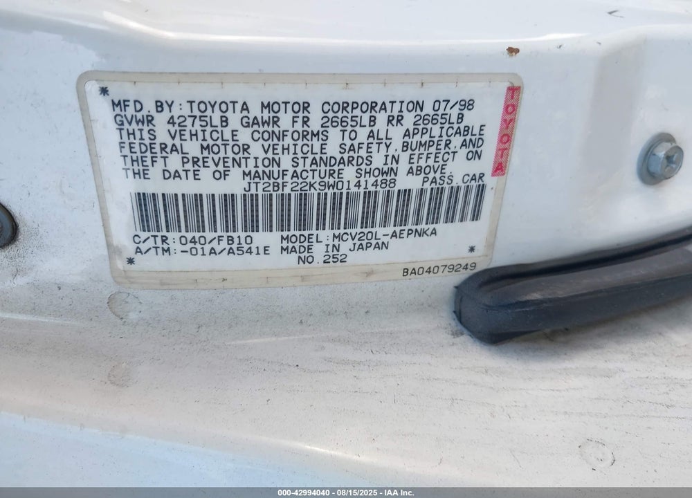 1998 TOYOTA CAMRY LE V6 VIN: JT2BF22K9W0141488