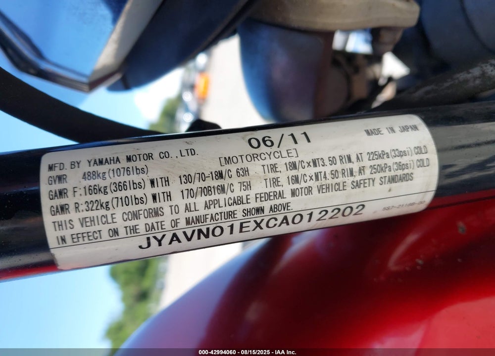 2012 YAMAHA XVS950 A/CT VIN: JYAVN01EXCA012202