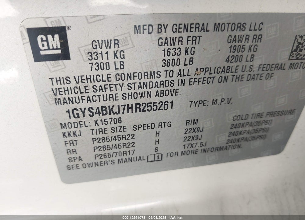 2017 CADILLAC ESCALADE VIN: 1GYS4BKJ7HR255261