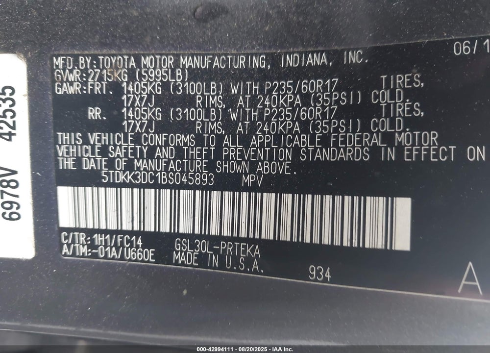 2011 TOYOTA SIENNA LE V6 VIN: 5TDKK3DC1BS045893