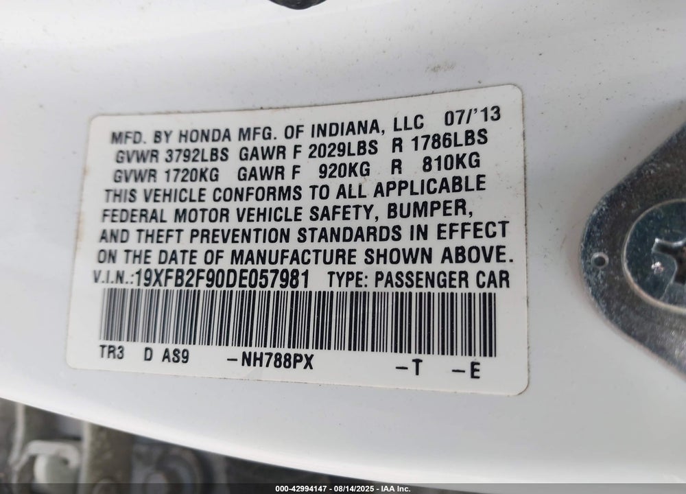 2013 HONDA CIVIC VIN: 19XFB2F90DE057981