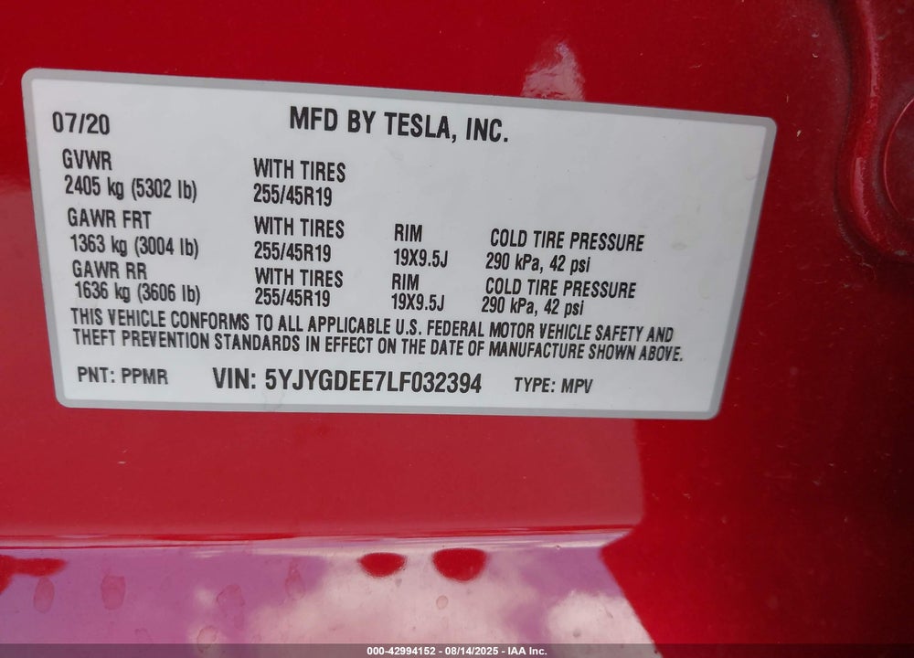 2020 TESLA MODEL Y VIN: 5YJYGDEE7LF032394