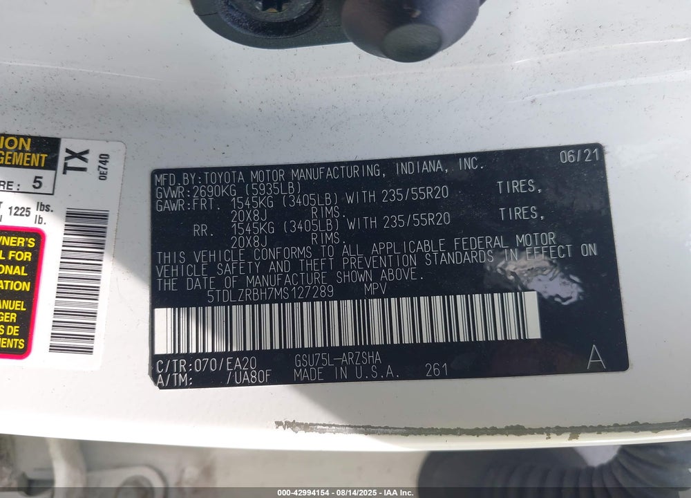 2021 TOYOTA HIGHLANDER VIN: 5TDLZRBH7MS127289