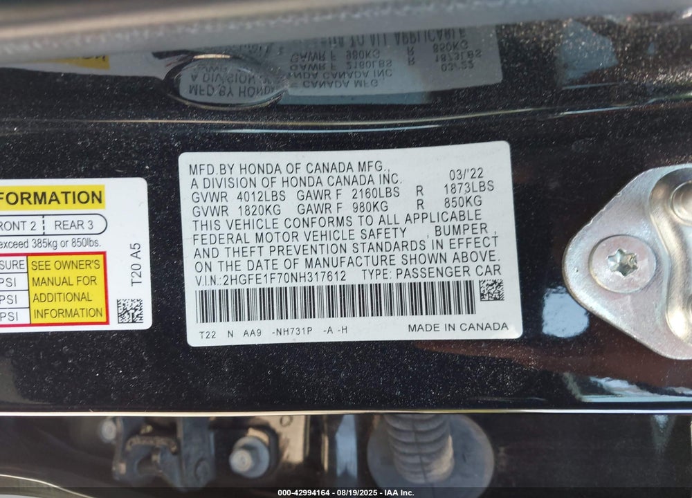 2022 HONDA CIVIC EX VIN: 2HGFE1F70NH317612