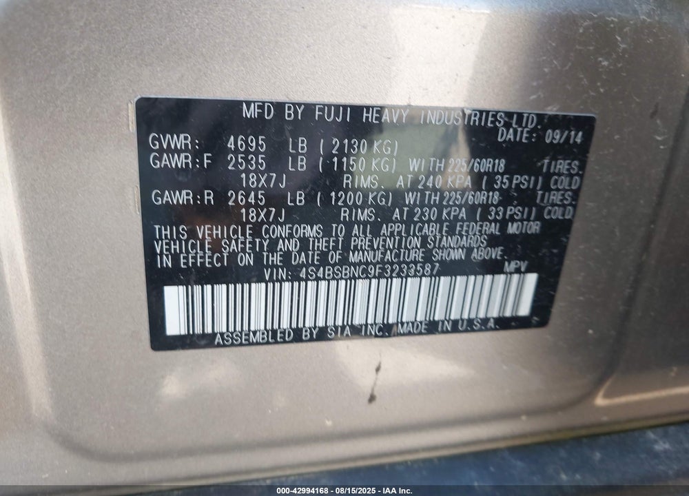 2015 SUBARU OUTBACK 2.5I LIMITED VIN: 4S4BSBNC9F3233587