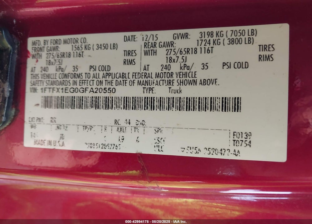 2016 FORD F-150 XLT VIN: 1FTFX1EG0GFA20550