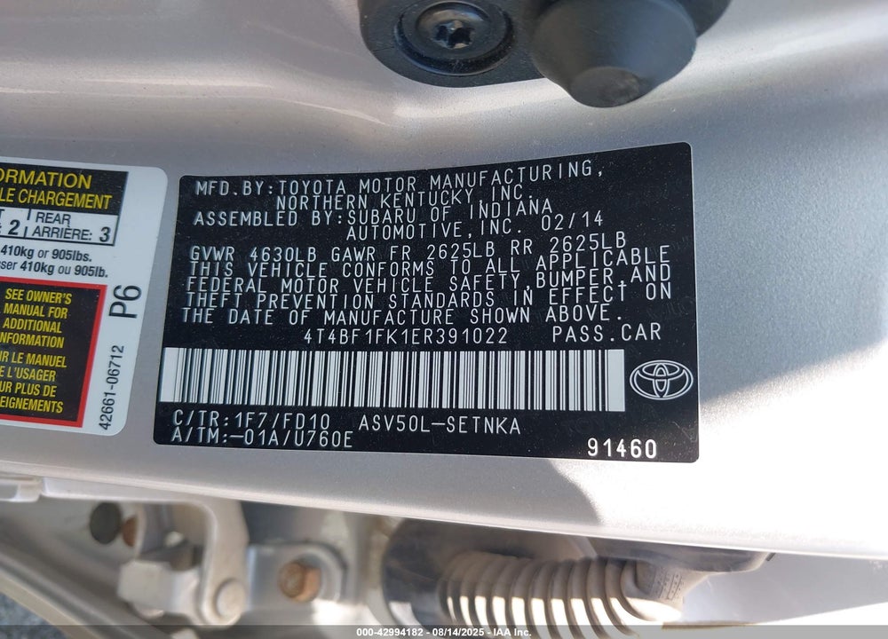 2014 TOYOTA CAMRY VIN: 4T4BF1FK1ER391022