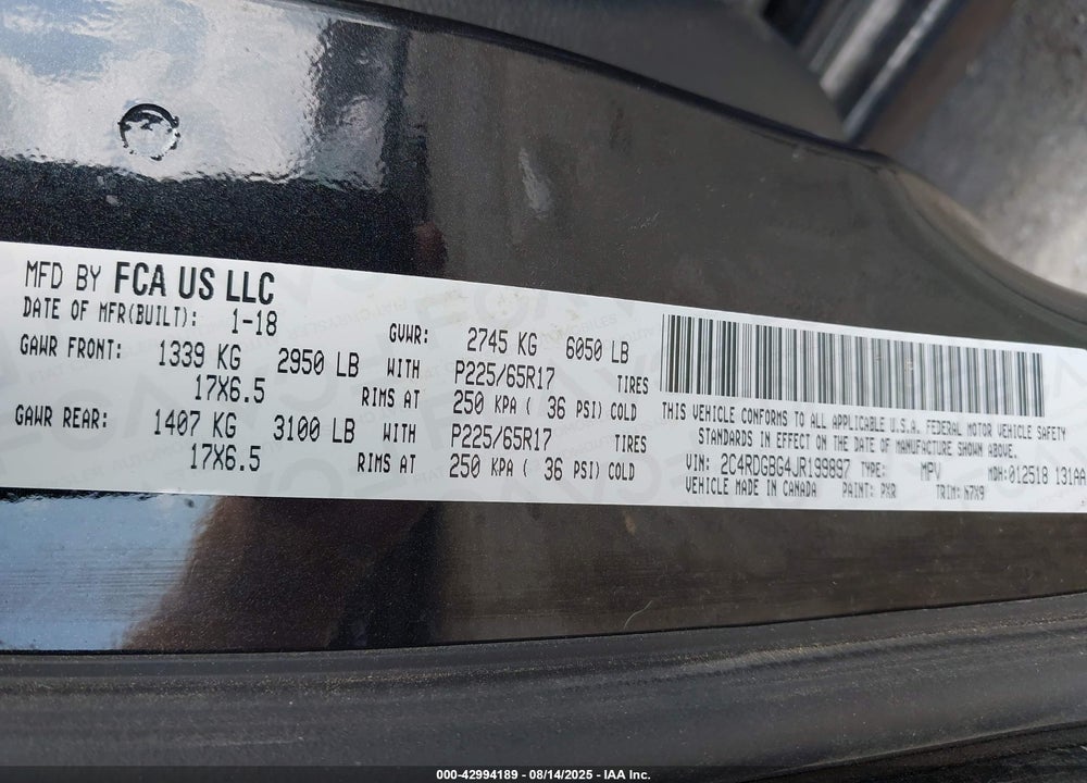 2018 DODGE GRAND CARAVAN SE PLUS VIN: 2C4RDGBG4JR199897