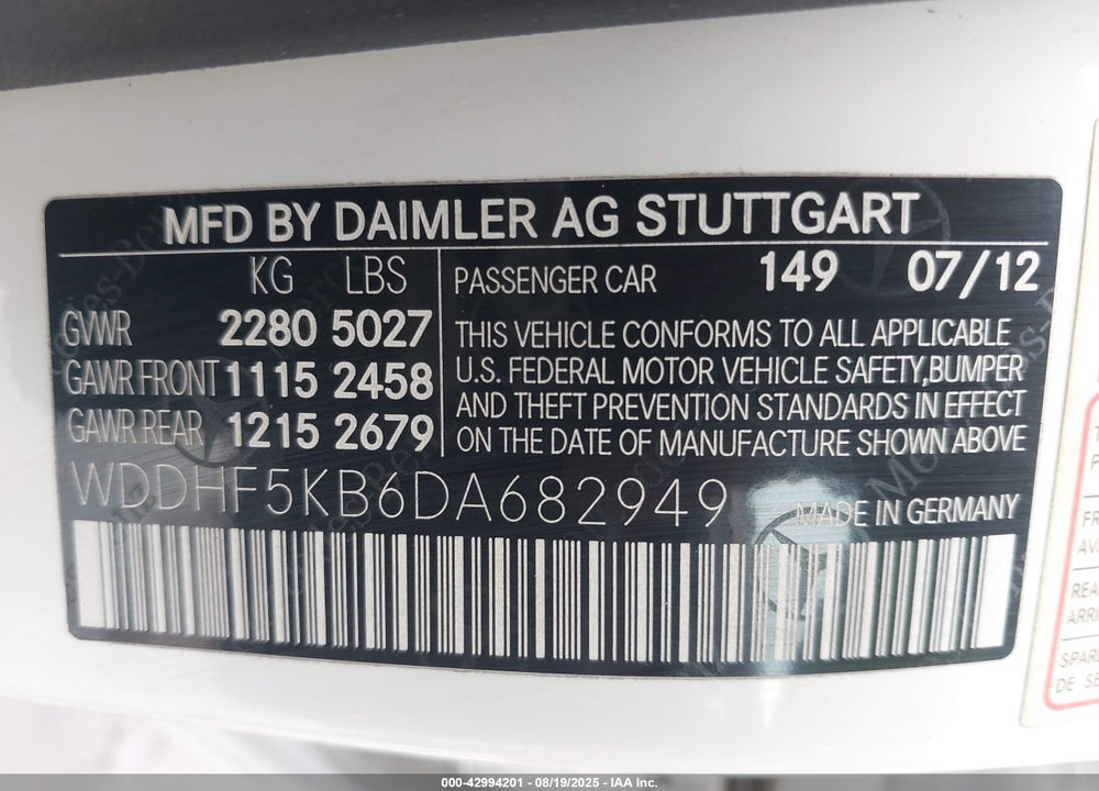 2013 MERCEDES-BENZ E-CLASS VIN: WDDHF5KB6DA682949