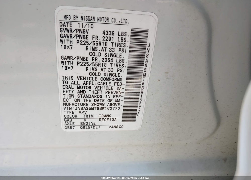 2011 NISSAN ROGUE VIN: JN8AS5MT6BW162770
