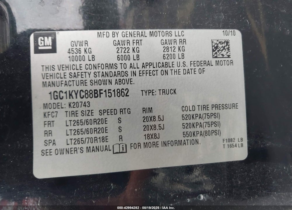 2011 CHEVROLET SILVERADO 2500 VIN: 1GC1KYC88BF151862